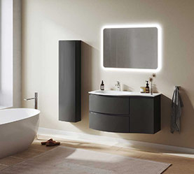 Badezimmer-Set MONDO Stasera in dunklem Grau, mit Waschbecken aus Mineralmarmor,
inklusive indirekter LED-Beleuchtung hinter dem Spiegel