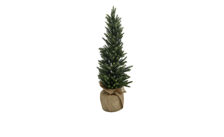 Weihnachtsbaum 56 cm aus Kunststoff und Eisen in grün mit einem braunen Jutestoff am Fuß.